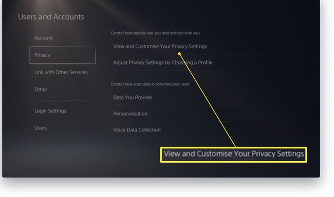 Impostazioni utenti e account PlayStation 5 con Visualizza e personalizza le impostazioni sulla privacy evidenziate