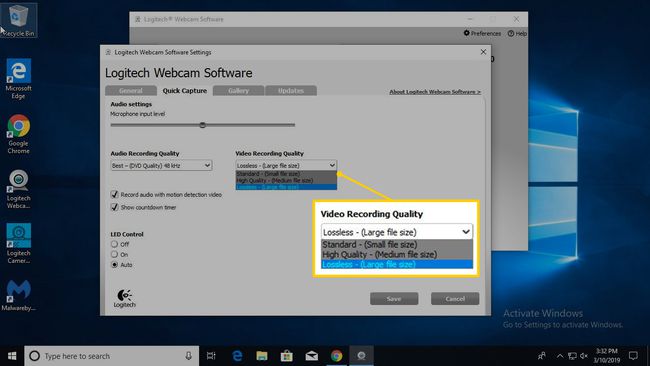 Qualidade de gravação de vídeo nas configurações do software Logitech Webcam para Windows