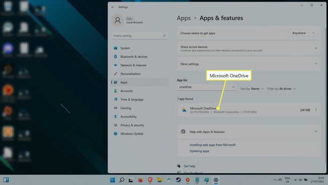 Microsoft OneDrive-applikasjon i Apper og funksjoner-menyen.