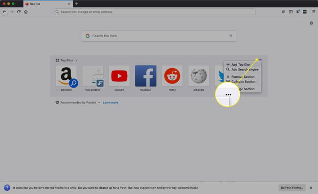 Menu z trzema kropkami w sekcji Top Sites w Firefoksie