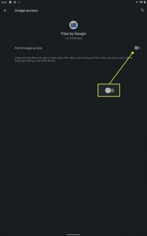 Til/fra-adgang til tilladelsesbrug fremhævet på en Android-tablet