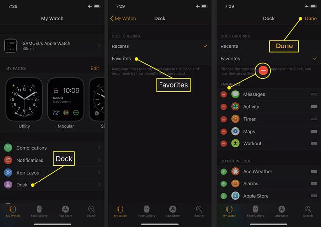 시계 독을 보여주는 iPhone의 Apple Watch 앱