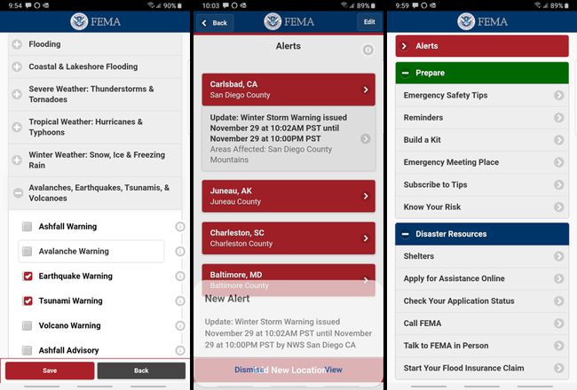 Snímky obrazovky z aplikace FEMA.