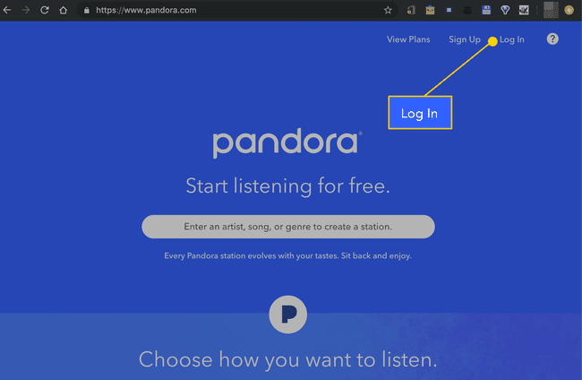 Web'de Pandora'da oturum açma düğmesi