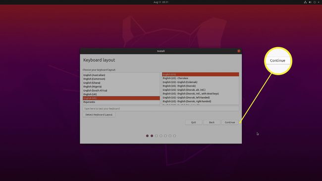 สกรีนช็อตของตัวเลือกเค้าโครงแป้นพิมพ์ใน Ubuntu