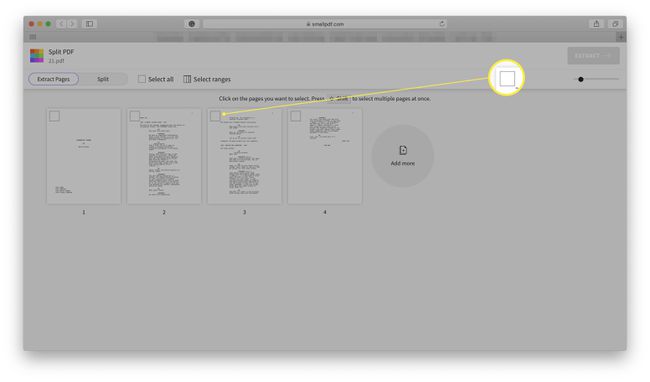 Site SmallPDF com uma escolha de páginas disponíveis ao dividir um documento PDF