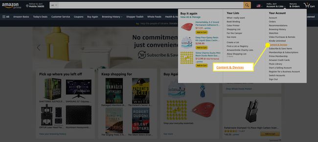 Tangkapan layar tautan Konten & Perangkat di situs web Amazon.