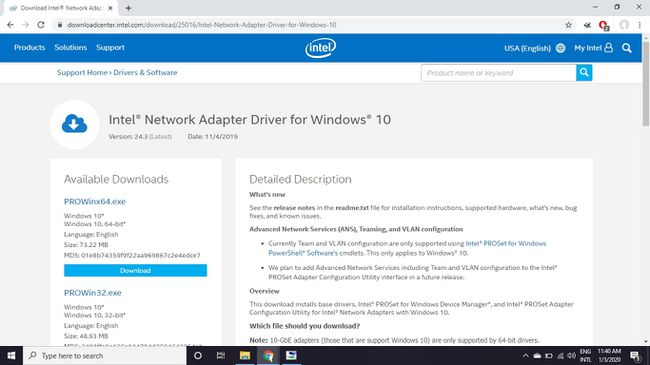 Intel ağ bağdaştırıcısı sürücüsü indirme sayfası