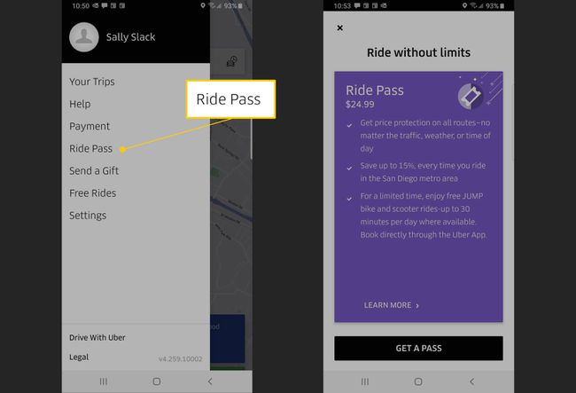 Uber-App mit Ride Pass-Menüoptionen