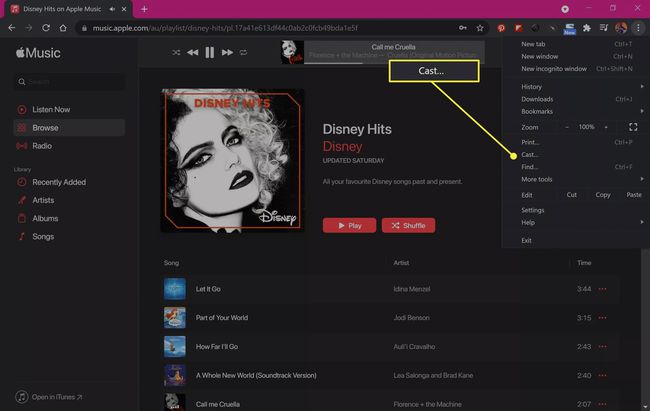 Google Chrome वेब ब्राउज़र में Apple Music वेबसाइट कास्ट लिंक के साथ हाइलाइट की गई है।