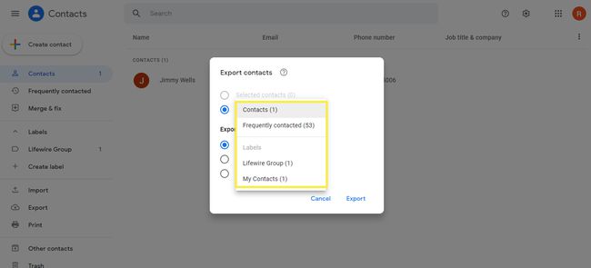 Opções de contatos em Exportar contatos