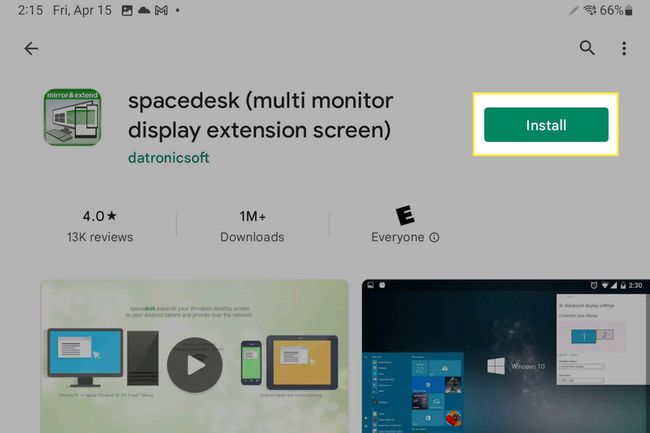 Spacedesk-siden med knappen Installer fremhævet i Google Play Butik.