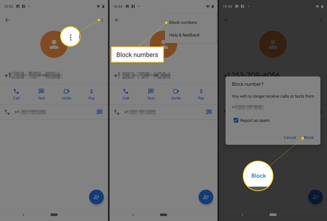 Három Pixel Android-képernyő, amelyen látható a függőleges pontmenü, a blokkszámok menüelem és a Blokkolás gomb