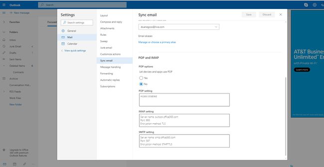 POP-i ja IMAP-i ekraanipilt Outlook.com-i sätetes