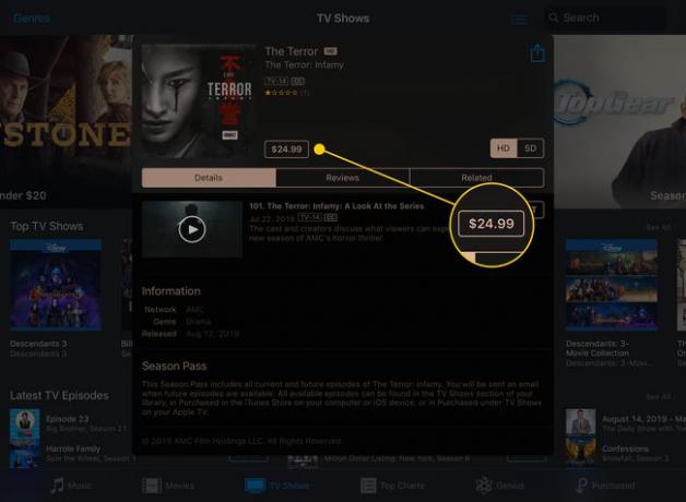 TV laidos puslapis atidaromas iTunes Store programoje iPad su paryškintu kainos mygtuku