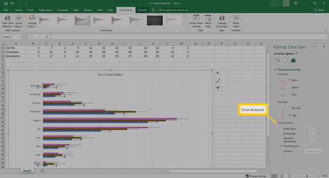 Excel'de Hata Çubuklarını Biçimlendir bölümünün altındaki Hata Tutarı.