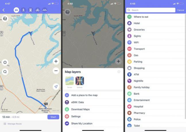 Bildschirme der Maps.me-App auf iOS.