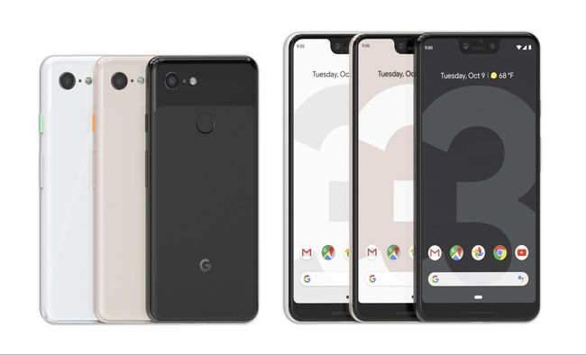 Fața și spatele telefoanelor Pixel 3 și Pixel 3 XL una lângă alta.