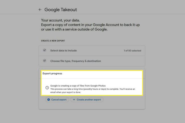 El progreso de la exportación en Google Photos durante una exportación.