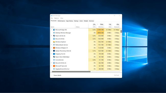 Windows 작업 관리자에서 강조 표시된 CPU.