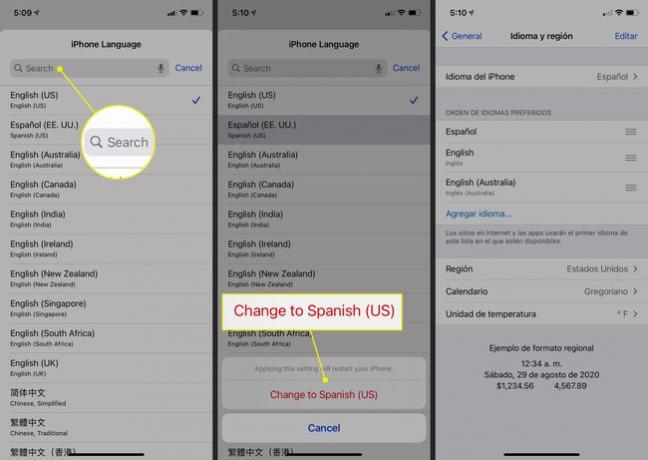 A barra de pesquisa e o botão de confirmação nas configurações de idioma do iOS