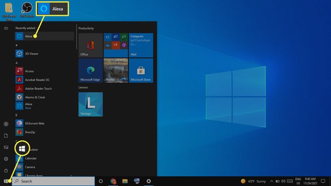 Windows 10의 Windows 시작 메뉴 및 Alexa 앱