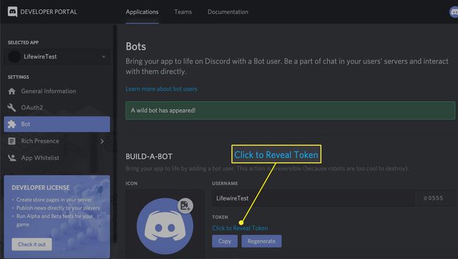 captura de tela da interface do Bots no Portal do desenvolvedor do Discord