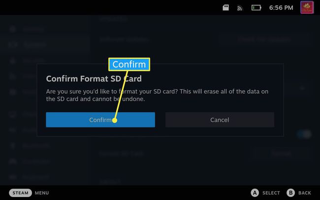 Confirme destacado em um Steam Deck.