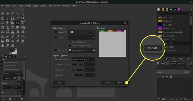 Ein Screenshot des Fensters " Eine neue Palette importieren" von GIMP mit hervorgehobener Schaltfläche " Importieren"