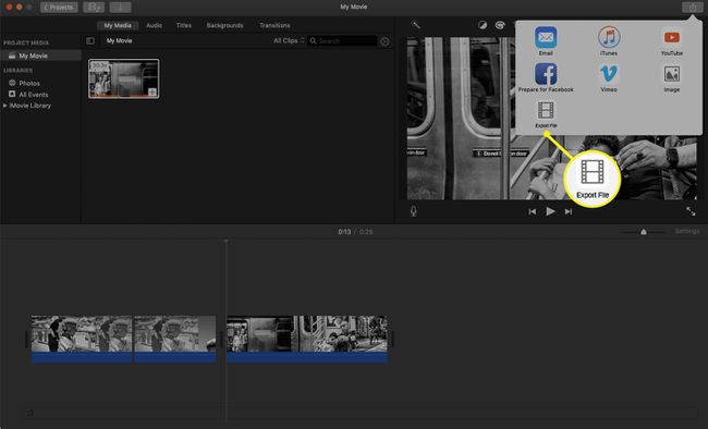 iMovie Share -välilehti, jossa Vie tiedosto -kuvake on korostettuna.
