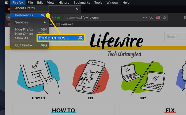 Firefox formacOSのメインメニューでの設定の場所。