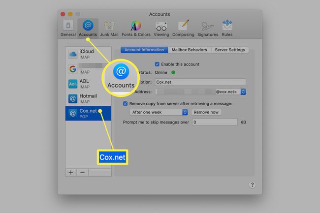 Preferências de correio, guia Contas em um Mac