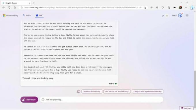 Bing AI がMore Creative モードを使用して書いたストーリーの一部。