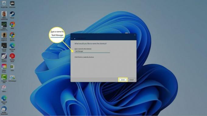 Task Manager og Finish uthevet i snarveismakeren for vindu 11