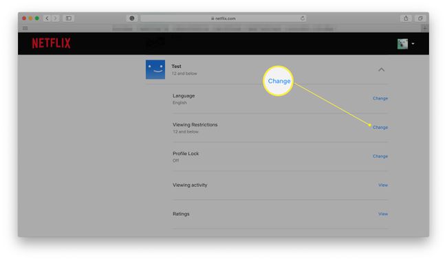 Netflix profilsida med visningsbegränsningar markerade