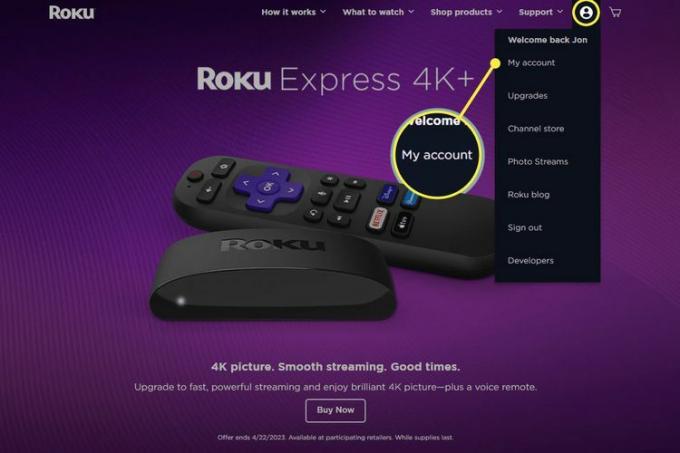 Roku のサイトで強調表示されているメニュー ボタンと「マイ アカウント」。