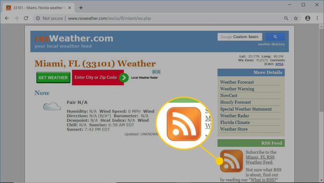 Strona internetowa RSSWeather.com wyświetlająca ikonę RSS dla kanału RSS