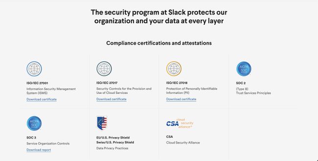 보안 인증을 보여주는 Slack 웹사이트의 스크린샷