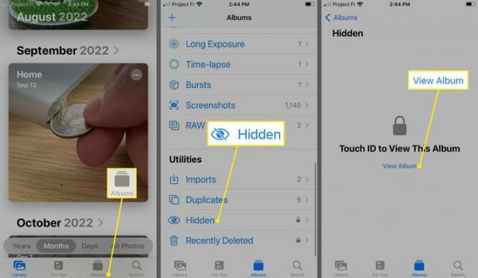 Albumikon, Skjult og Vis album uthevet i et låst skjult iPhone-album