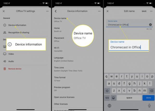 Chromecast ierīces iestatījumi ar izceltu informāciju par ierīci, ierīces nosaukumu un jauno nosaukumu