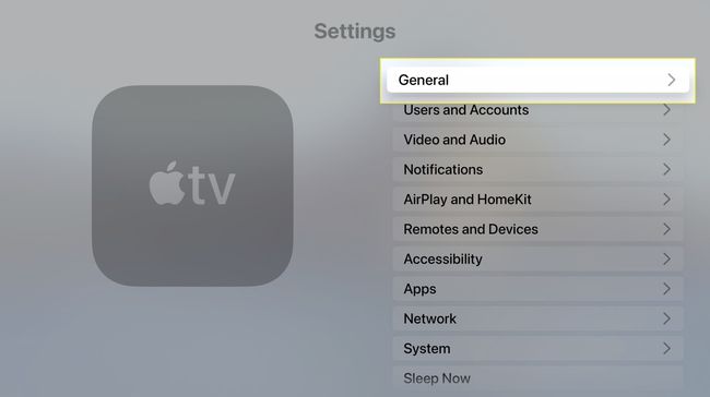 Apple TV के इंटरफ़ेस पर हाइलाइट किया गया सामान्य मेनू आइटम।