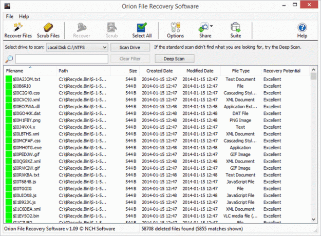 Snímek obrazovky Orion File Recovery