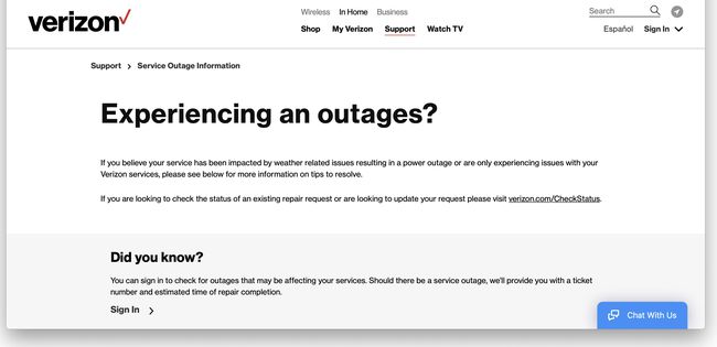 Sitio web de información sobre interrupciones del servicio de Verizon