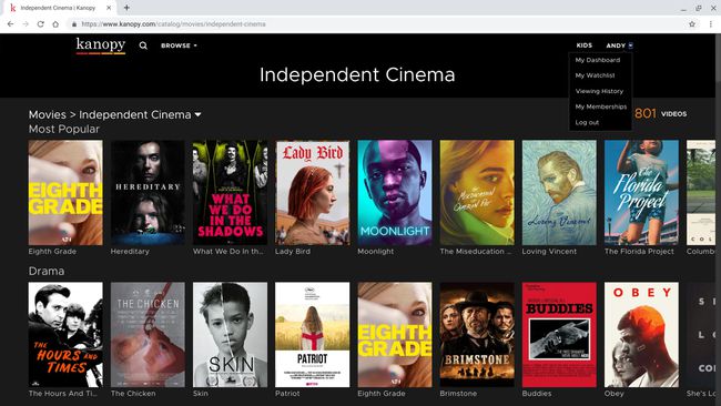 インディペンデントシネマセクションを閲覧している、サインインしたKanopyアカウントのスクリーンショット（右上に「801ビデオ」が表示されています）