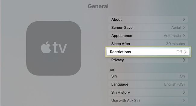 הגדרות כלליות של Apple TV עם הגבלות מודגשות