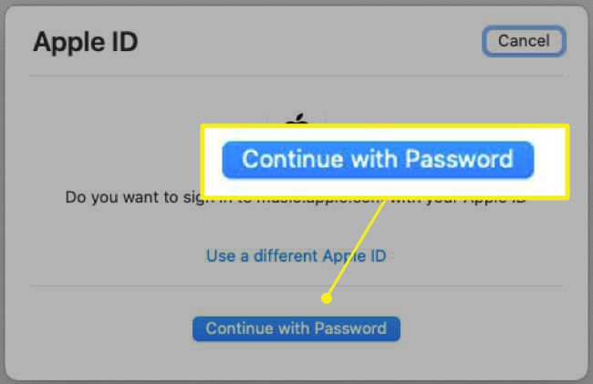 Ekran logowania Apple Music z podświetlonym „Kontynuuj z hasłem”