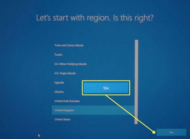 شاشة تحديد المنطقة أثناء إعداد نظام التشغيل Microsoft Windows 10.
