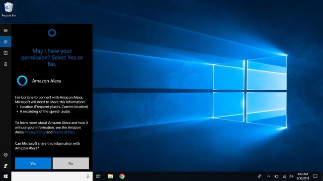 Screenshot di Windows che richiede l'autorizzazione a Microsoft per condividere informazioni con Amazon Alexa.