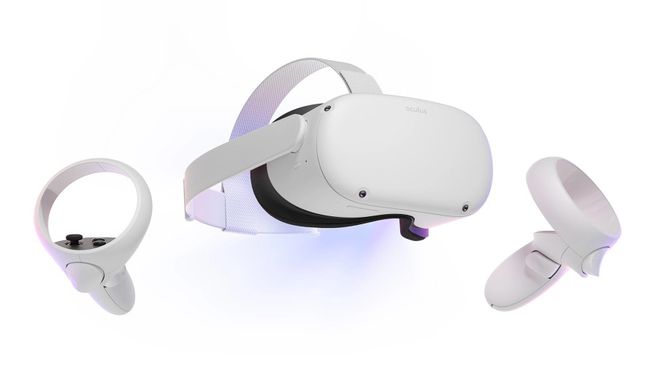 白い背景にコントローラーを備えた Oculus Quest 2