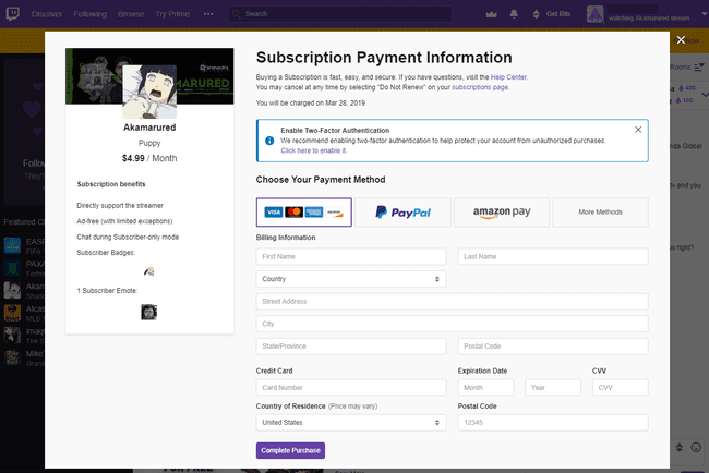 Stranica s informacijama o plaćanju Twitch pretplate za Akamarured